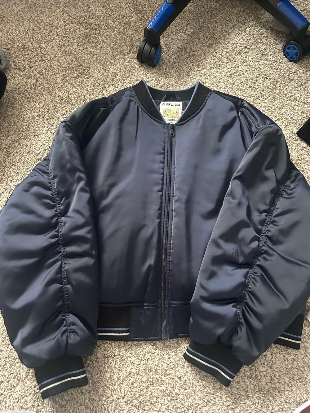 aerie Navy Satin Bomber Jacket